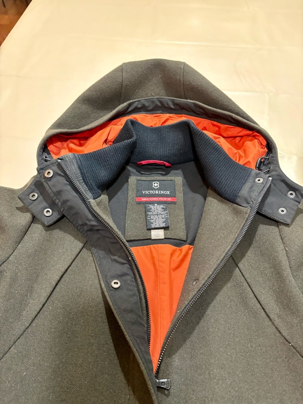 Victorinox Olive Green Wool Trench Coat with Orange Lining